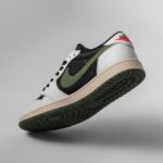 Clean Suede - a pair of white and green sneakers on a gray background